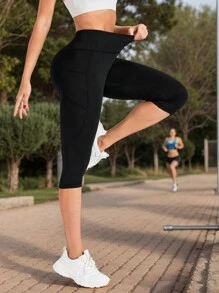 Women's High Waist Pocket Leggings - 3/4 Yoga Capris For Gym Running Cycling, Versatile Workout Pants Everyday Wear - Black - View 2