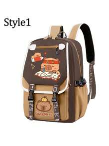 1 stuk schattige schooltassen met capibara-patroon en kleurcontrast voor S. Grote, levendige studententas met meerdere zakken. Modieuze schooltas. Praktische handtas. Gepersonaliseerde cartoonrugzak, lichtgewicht schoolrugzak. Draagbare rugzak met meerdere compartimenten (de kleur van de schouderband is willekeurig)
