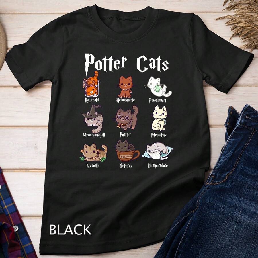 Potter Cats Cute Harry Pawter Kitten Gifts For Her Unisex T-Shirt - Black - View 1