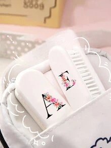 1pc Printed With Orange Pink Flowers And Black Letters Portable Travel Folding Comb, Initial Letters A-Z,Anti-Static Mini Pocket Hair Comb, Hair Styling Tools For Men And Women, Plastic Folding Comb,Travel Hair Brush, Portable Gift Lightweight Compact Small Hairbrush, Pocket Hair Comb For Travel