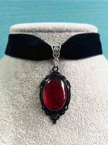 Eterna Glow 1PC Handmade Black Velvet Vintage Collar Necklace, Gothic Style Halloween Gift - Red - View 12