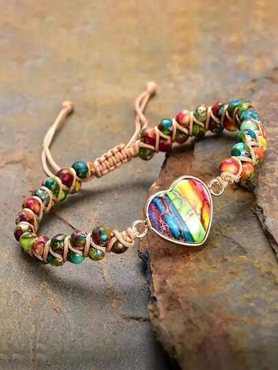 1 pezzo Bracciale boho in pietra imperiale naturale con amore, con doppio strato regolabile e avvolgimento