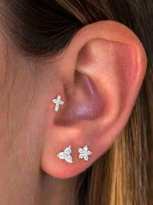 3Pcs G23 Titanium CZ Flower Cross T-Bar Internal Thread Studs Ear Lip Cartilage Women Body Jewelry For Daily Wear - 3 Earrings - View 7