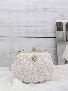 White Color Women Pearl Clutch Bag, Beaded Evening Bag, Wedding Clutch With Handle Suitable For Parties, Weddings, Formal Events, Prom Dresses, Bridesmaids Dresses, Perfect For Party Wedding Prom Dinner/Banquet, Matching With Holiday Party Dress Evening Dress & Sequin Dress Banquet Bag Bridal Wallet Party Pearl Handbag, It Is An Ideal Gift For Women, Elegant Pearl Bag, Prom Bag For Party - White - View 3