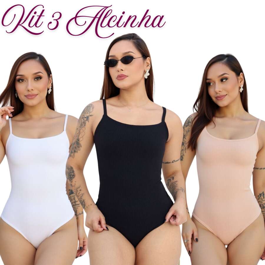KIT 3 BODY ALCINHA FINA ANARRUGA ATOALHADO ALÇA FINA - PRETO BRANCO NUDE - Visão 1