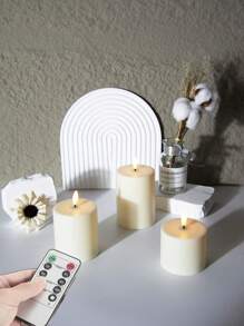 1/3 件电池供电无焰 LED 蜡烛，带遥控器和定时器，象牙白闪烁假蜡烛，桌面装饰，家居装饰，婚礼派对，柱状蜡烛