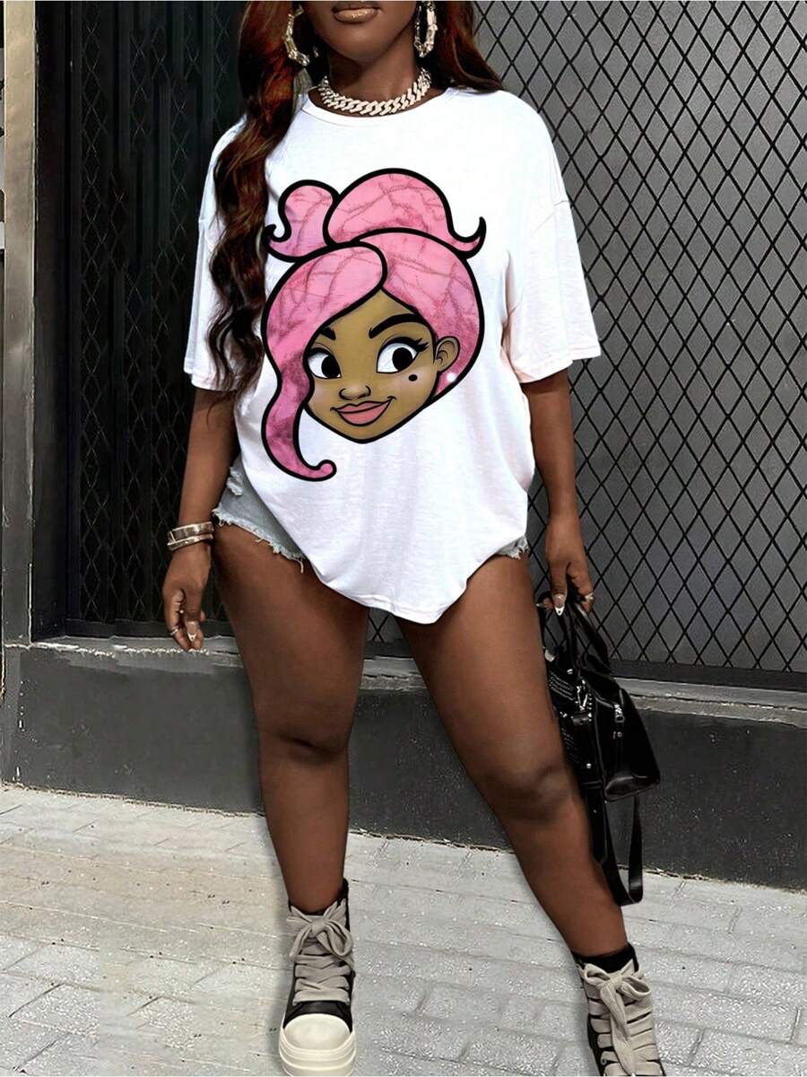 Casual Bow Decor Portrait Graphic Loose Fit Round Neck Short Sleeve T-Shirt For Women, Suitable For Summer