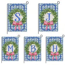 1pc, Chinoiserie Garden Flag, Name Initial Flags, Chinoiserie & Bow Flags, Boxwood Wreath, Yard Family Last Name Flag, 12x18 Inches, Perfect For Thanksgiving, Christmas, And New Year Outdoor Decorations, Home And Scene Decor, No Flagpole Included