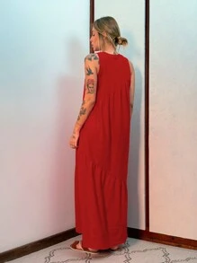 Women's Long Loose Cotton Knit Dress In Aveloz - 紅色 - 查看 2