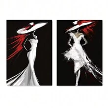 2 piezas Pósteres de arte de pared autoadhesivos con figura femenina elegante y estilosa que incluye vestido de noche de falda trompeta blanca, sombrero de ala ancha. Diseño autoadhesivo, fácil de instalar, para decoración