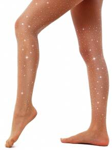 1 双性感闪亮渔网袜宝石高腰渔网紧身裤女式水钻派对连裤袜 - 杏色 - 查看 4