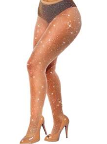 1 双性感闪亮渔网袜宝石高腰渔网紧身裤女式水钻派对连裤袜 - 杏色 - 查看 1