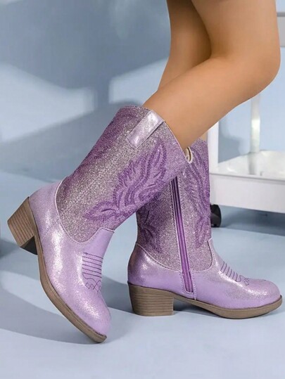 Children's Embroidered Fashion Western Boots, Pointed Toe Chunky Heel Side Zipper, Lightweight Mid-Calf Stylish Cowboy Boots