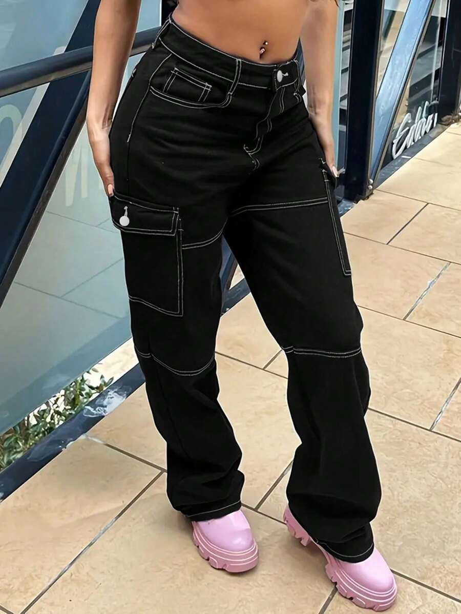 Jeans de cintura media y pierna recta/ancha para mujer estilo Y2K, pantalones vaqueros holgados con bolsillos, pantalones de trabajo - Negro - Ver 1