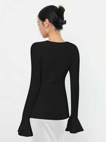 Women's V-Neck Fitted Slim Ribbed Knitted Flare Sleeve Slit Sweater - Black - View 6