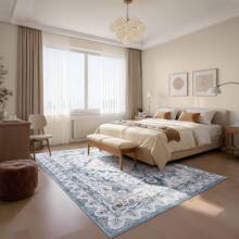 6x9 Washable Rugs For Living Room, Faux Wool Vintage Rug For Bedroom Dining Room, Low Pile Soft Boho Floor Covering Carpet Retro Distressed Medallion Mat Traditional Interiors, Blue & Beige