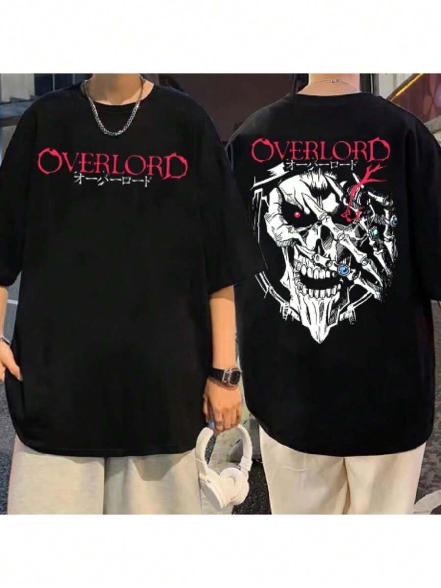 Overlord Skull T-Shirt Vintage Cartoon T-Shirt Geek Style Otaku Otome Nerd T-Shirt Unisex Men Women 100% Cotton Top Premium Streetwear New Arrival Various Colors!! Plus Size - 黑色 - 查看 1