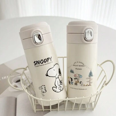 SNOOPY 1 Máy tính Thiết kế dễ thương Nắp lật chân không cách nhiệt bằng thép không gỉ, Cốc du lịch kiểu dáng đơn giản