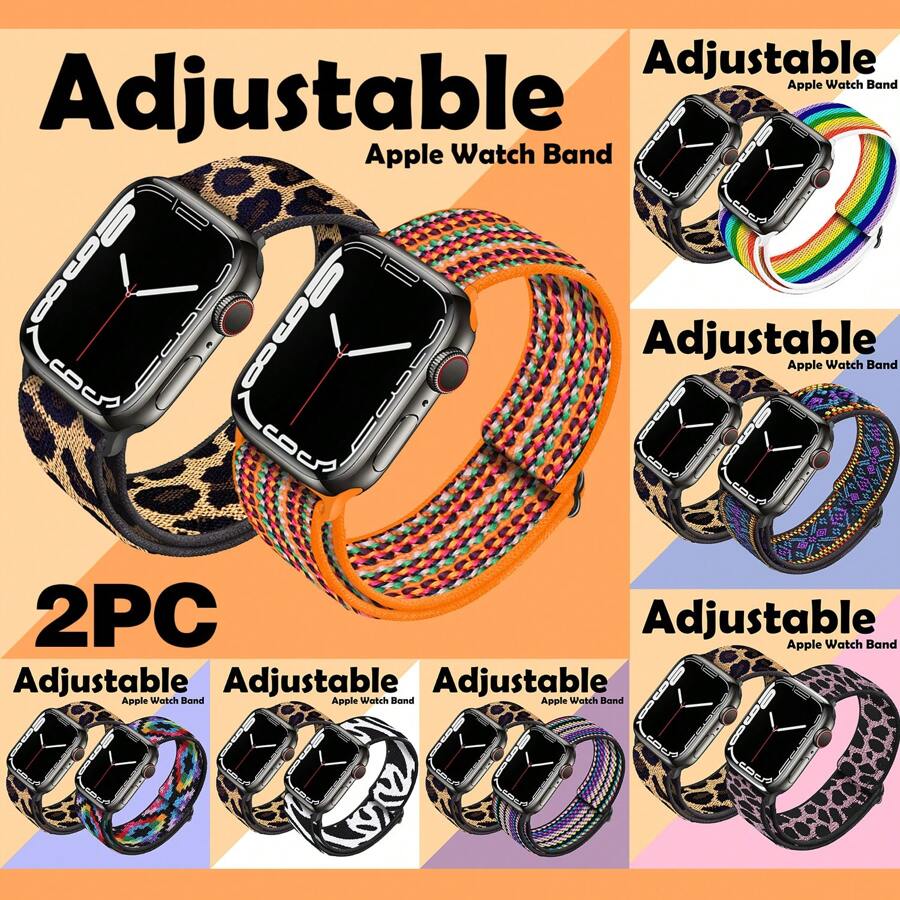 2 件弹性环 Solo 兼容 Apple Watch 表带 38 毫米 40 毫米 41 毫米 42 毫米 44 毫米 45 毫米 49 毫米 女式男式,可调节舒适柔软尼龙弹性编织表带腕带 - 彩色 - 查看 1