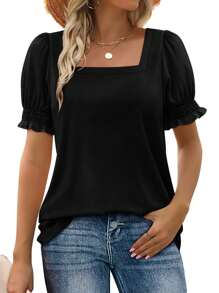 LKESRC Women's Fashion Lantern Sleeve Square Neck Tee Loose Casual Short Sleeve Elegant Summer Tops