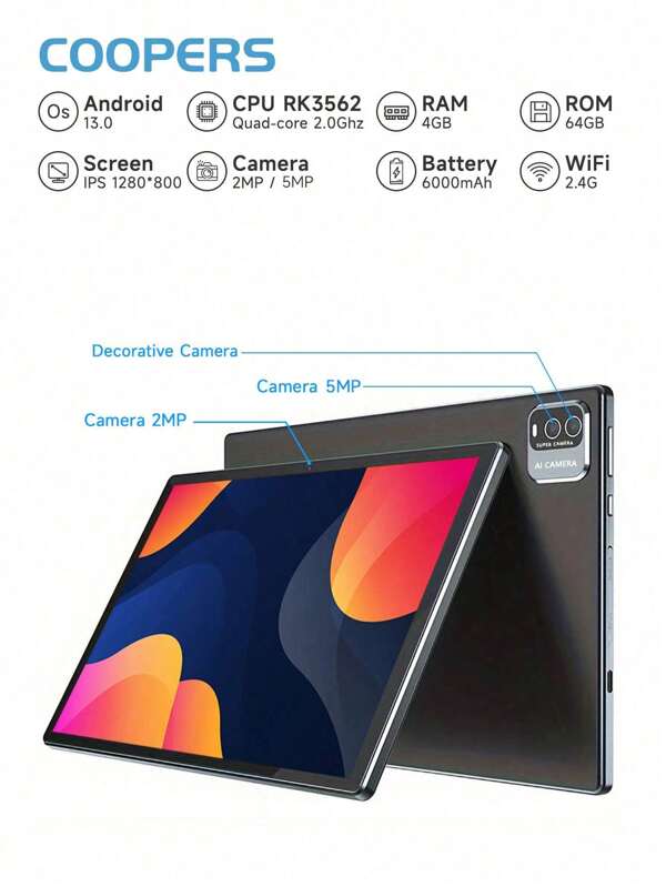 Coopers CP20 Tablet Android 13 Tablet, 4GB RAM 64GB ROM/RK3562 Quad-Core 2.0 Ghz Processor/2.4G WiFi + Wi-Fi 6/2MP+5MP Dual Camera/10.1' IPS Full HD Display/6000mAh/Supports 512GB SD Expansion/For Online Lesson,Reading (No Adapter)