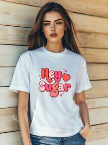 Women's   Valentine's Day Love Cartoon Graffiti Print T-Shirt Fashion Short Sleeve Round-Neck Slm Fit Tops Summer Casual Streetwear - White - View 1