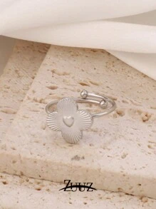 1 pieza Anillo ajustable con forma de trébol de cuatro hojas de acero inoxidable cuadrado a la moda para mujer, adecuado para uso diario, como regalo