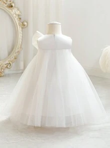Baby Girls' Bowknot Independent Day Party Tulle Princess Dress Elegant For Girls One Year Old Birthday Gift, Party, Banquet Formal Dress, Festival Celebration Outfit