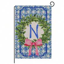 1pc, Chinoiserie Garden Flag, Name Initial Flags, Chinoiserie & Bow Flags, Boxwood Wreath, Yard Family Last Name Flag, 12x18 Inches, Perfect For Thanksgiving, Christmas, And New Year Outdoor Decorations, Home And Scene Decor, No Flagpole Included