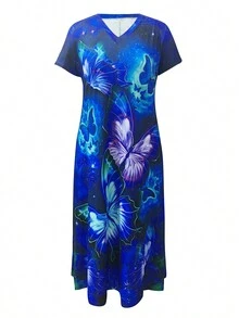 Plus Size Bohemian Style Short Sleeve Dress, 3D Butterfly Print V-Neck Elastic T-Shirt Dress For Women, Spring/Summer