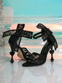 Black Strap High Heel Sandals With Heart Heel Design, Criss-Cross Bowknot, Net Polka Dot Sexy High Heels Suitable For Dating & Valentine's