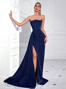 Elisanya Váy dạ hội dài hở lưng, cạp cao đính kim cương không quai cho nữ, váy dạ hội trang trọng, dành cho khách dự tiệc cưới, tốt nghiệp, tiệc tối, váy dự tiệc - Màu xanh hải quân - Xem 8