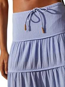 Women's Tiered Long Skirts Drawstring High Waist Solid Color Beach Skirts Summer Flowy Skirts - Light Purple - View 3
