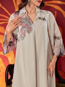 女士随机花卉装饰 V 领手工铆钉优雅连衣裙