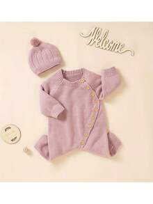 Baby Knit Jumpsuit Set, Long Sleeve Crew Neck Button Closure Solid Romper With Hat - Pink - View 8