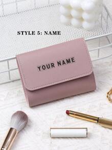 1pc Women Personalized PU Leather Short Wallet, Solid Litchi Pattern Women Trifold Wallet With Laser Engraved Name, Multi-Card Holder, Family Photo, Best Friends, Mother-Daughter, Graduation School Gift, Romantic Gift For Girlfriend - Dusty Purple - View 7