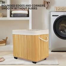 竹制洗衣篮,大容量可折叠移动洗衣篮,带手柄和轮子,矩形/圆形储物篮,节省卧室、浴室、洗衣房、家用洗衣篮的空间,洗衣篮浴室收纳篮,篮子,储物篮,可折叠洗衣篮 - 竹原色 - 查看 6
