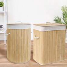 竹制洗衣篮,大容量可折叠移动洗衣篮,带手柄和轮子,矩形/圆形储物篮,节省卧室、浴室、洗衣房、家用洗衣篮的空间,洗衣篮浴室收纳篮,篮子,储物篮,可折叠洗衣篮 - 竹原色 - 查看 9