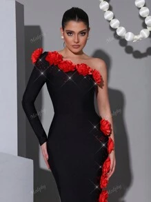 Modphy Nieuwe Sexy Een Schouder Lange Mouw Rugloze Zwaar Versierde Bloemen Diamant Bodycon Lange Jurk, Formele Avondjurk Voor Bruiloftsgasten, Vakantie, Verjaardagsfeestje, Mode Dames Evenement