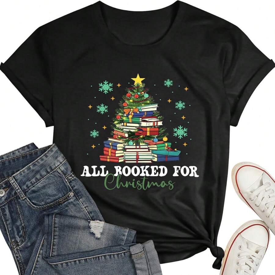 Christmas Tree Tshirt Women Christmas Books Shirt Teacher Xmas T-Shirt Book Lovers Gifts Holiday Tees Tops - 黑色 - 查看 1