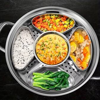 3pcs/4pcs Stainless Steel Steamer Set - Fan-Shaped Steamer Box, Steaming Plate, Compatible With Rice Cooker, Wrinkle-Resistant, Heat-Resistant, Dishwasher Safe, Cooking And Dining Accessories Without Electricity Required