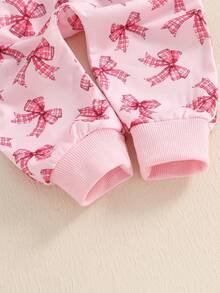 Toddler Girls 2PCS Fall Sets Long Sleeve O Neck Bow Print Tops Drawstring Pants Set - Pink - View 9