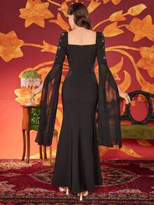 Abito elegante da donna con maniche lunghe, stile arabo, decorato con perline e cristalli