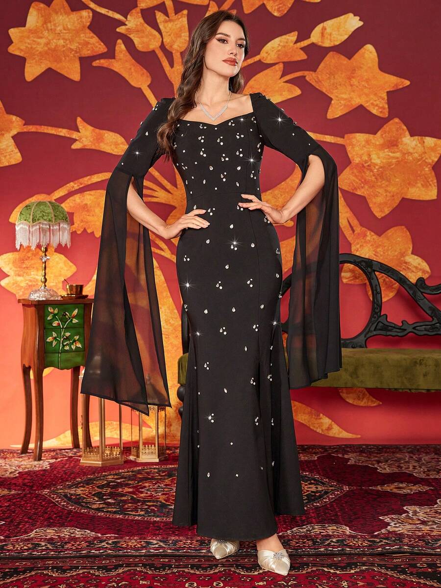 Abito elegante da donna con maniche lunghe, stile arabo, decorato con perline e cristalli