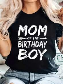Mom Of The Birthday Boy Matching Family Party T-Shirt Cotton Graphic Tee For Women, Round Neck Short Sleeve Casual Tops - 黑色 - 查看 1
