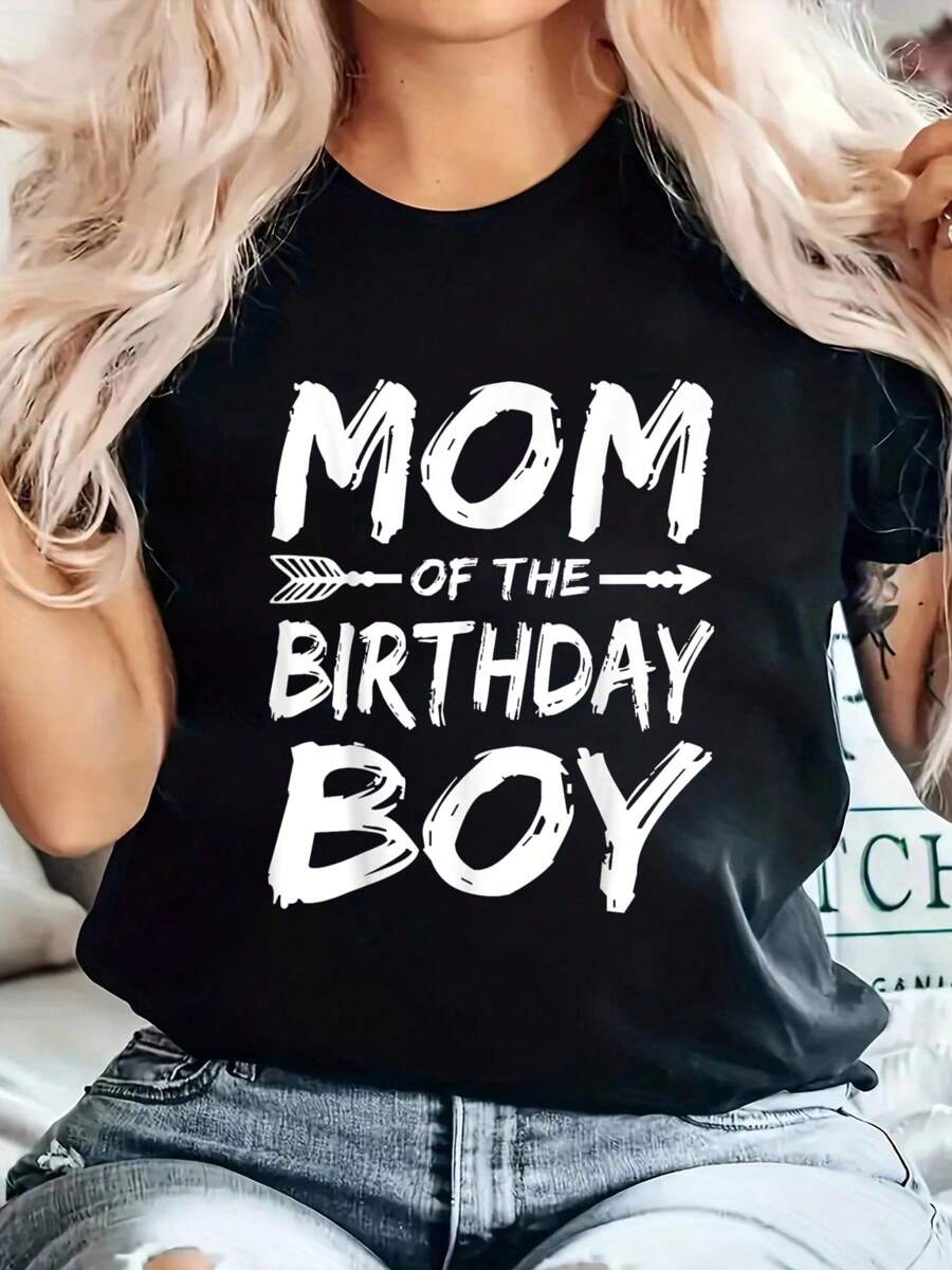 Mom Of The Birthday Boy Matching Family Party T-Shirt Cotton Graphic Tee For Women, Round Neck Short Sleeve Casual Tops - 黑色 - 查看 1