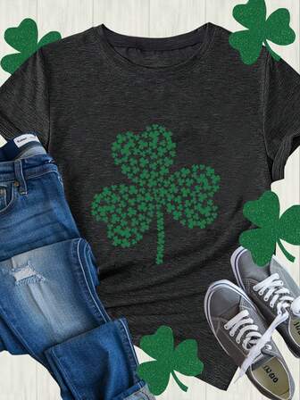 St. Patrick's Day ,Lucky Charm,Green Holiday Decor,Irish Holiday,Shamrock Women's Summer Short Sleeve Shirt T-Shirt Casual Graphic T-Shirt Irish T-Shirt Top