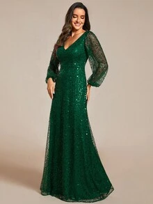 EVERPRETTY Elegant Sequin Lantern Sleeve Deep V-Neck Green Evening Gown, Suitable For Weddings, Autumn/Winter - Dark Green - View 5