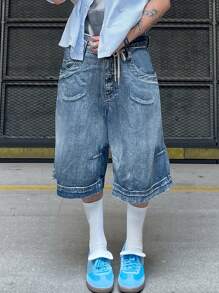 复古美式褪色蓝色皱褶宽松高腰休闲牛仔短裤 - 藍色 - 查看 4