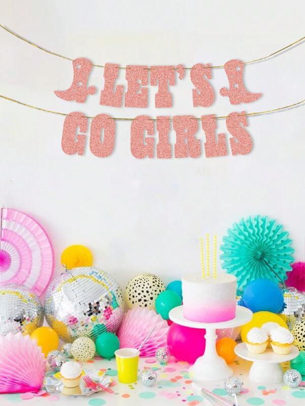 Faixa com glitter Let's Go Girls - Champanhe, decorações para despedida de solteira, faixa com bandeirinhas de aniversário de cowgirl, artigos para festa com tema rodeio de vacas, botas de cowgirl com glitter